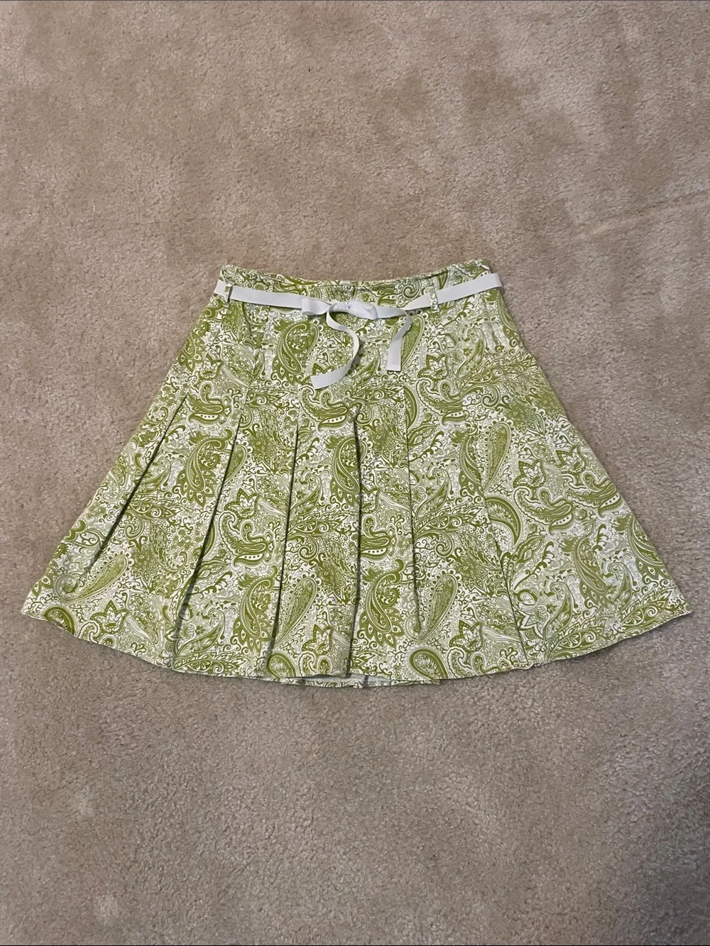 J. Crew Light Green Paisley Pleated Skater Skirt with White Waist Tie